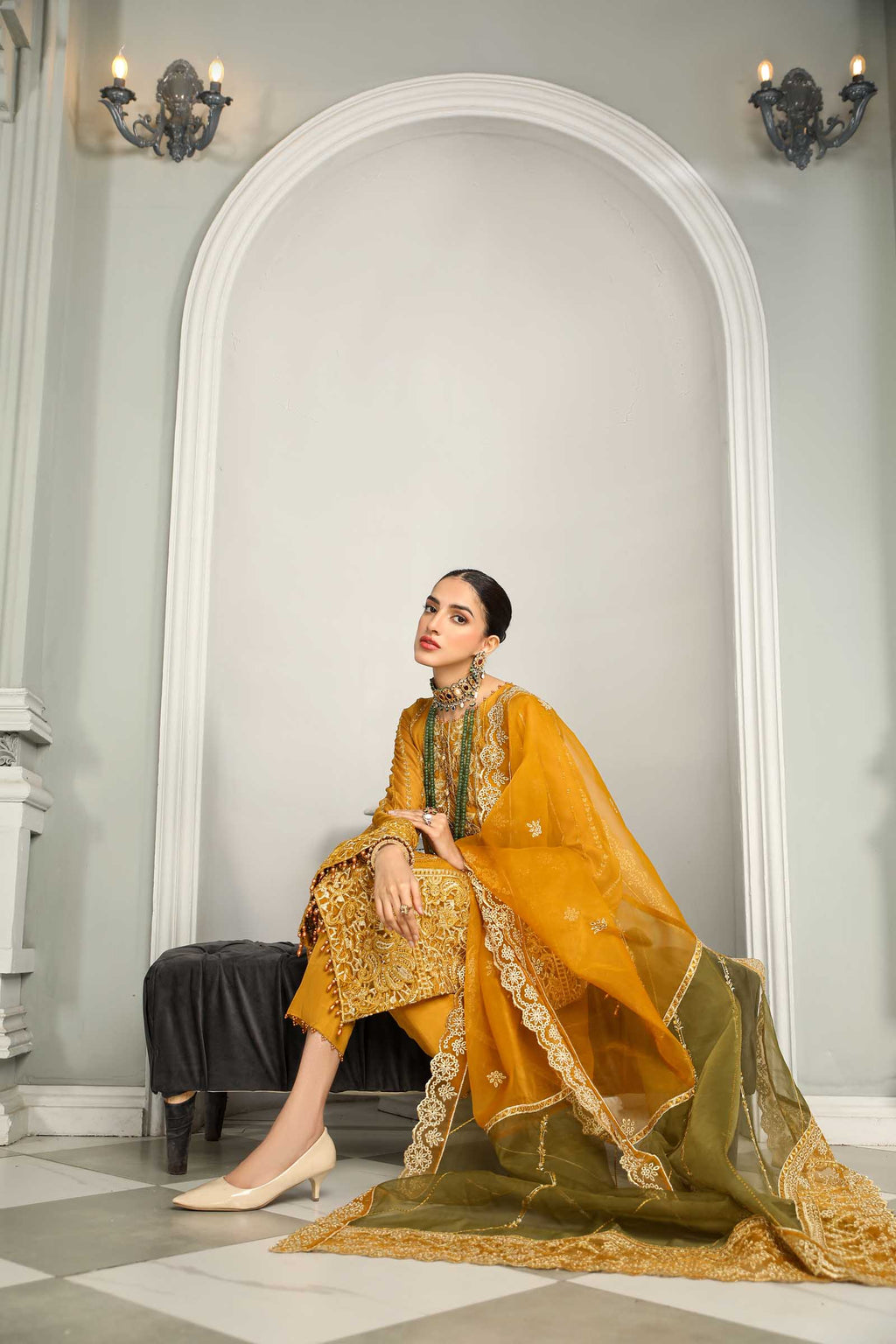 Mustard Embroidered Chiffon 3 Piece Suit | Maan Mayal | Falak