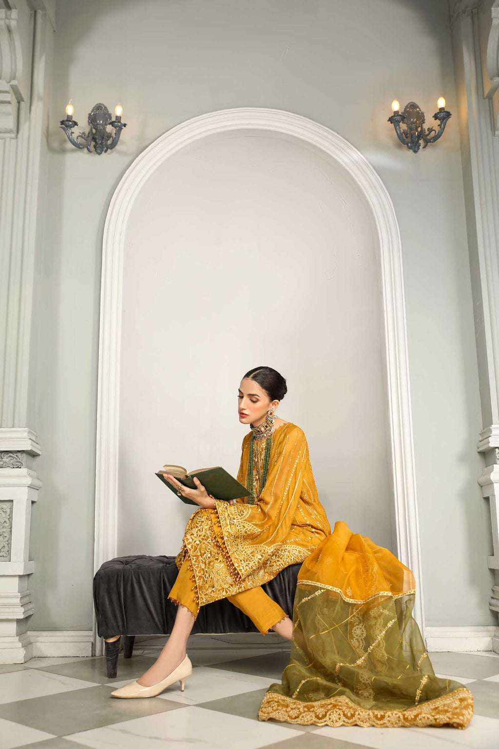 Mustard Embroidered Chiffon 3 Piece Suit | Maan Mayal | Falak