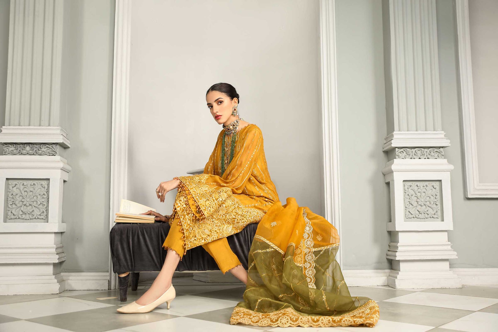 Mustard Embroidered Chiffon 3 Piece Suit | Maan Mayal | Falak