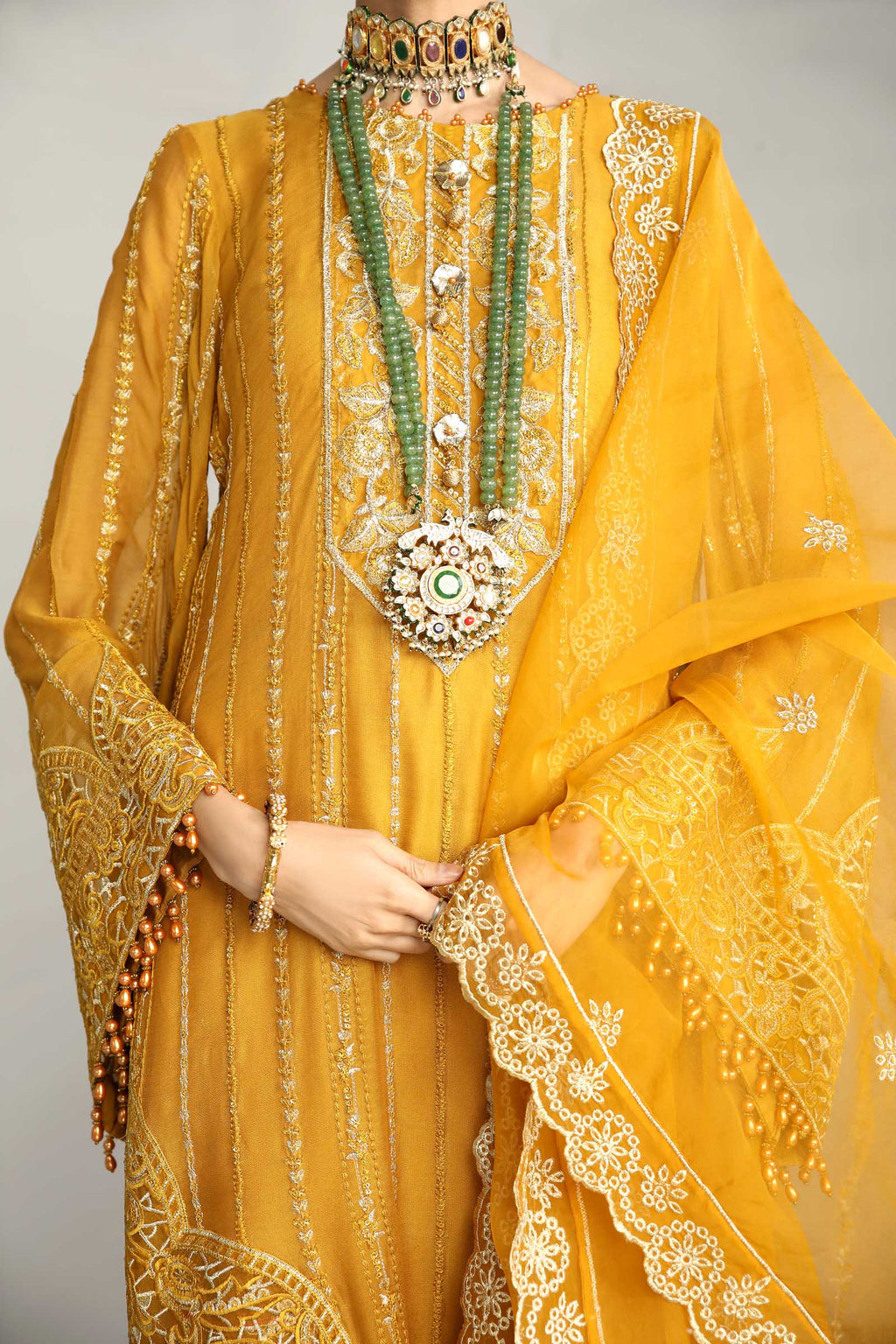 Mustard Embroidered Chiffon 3 Piece Suit | Maan Mayal | Falak