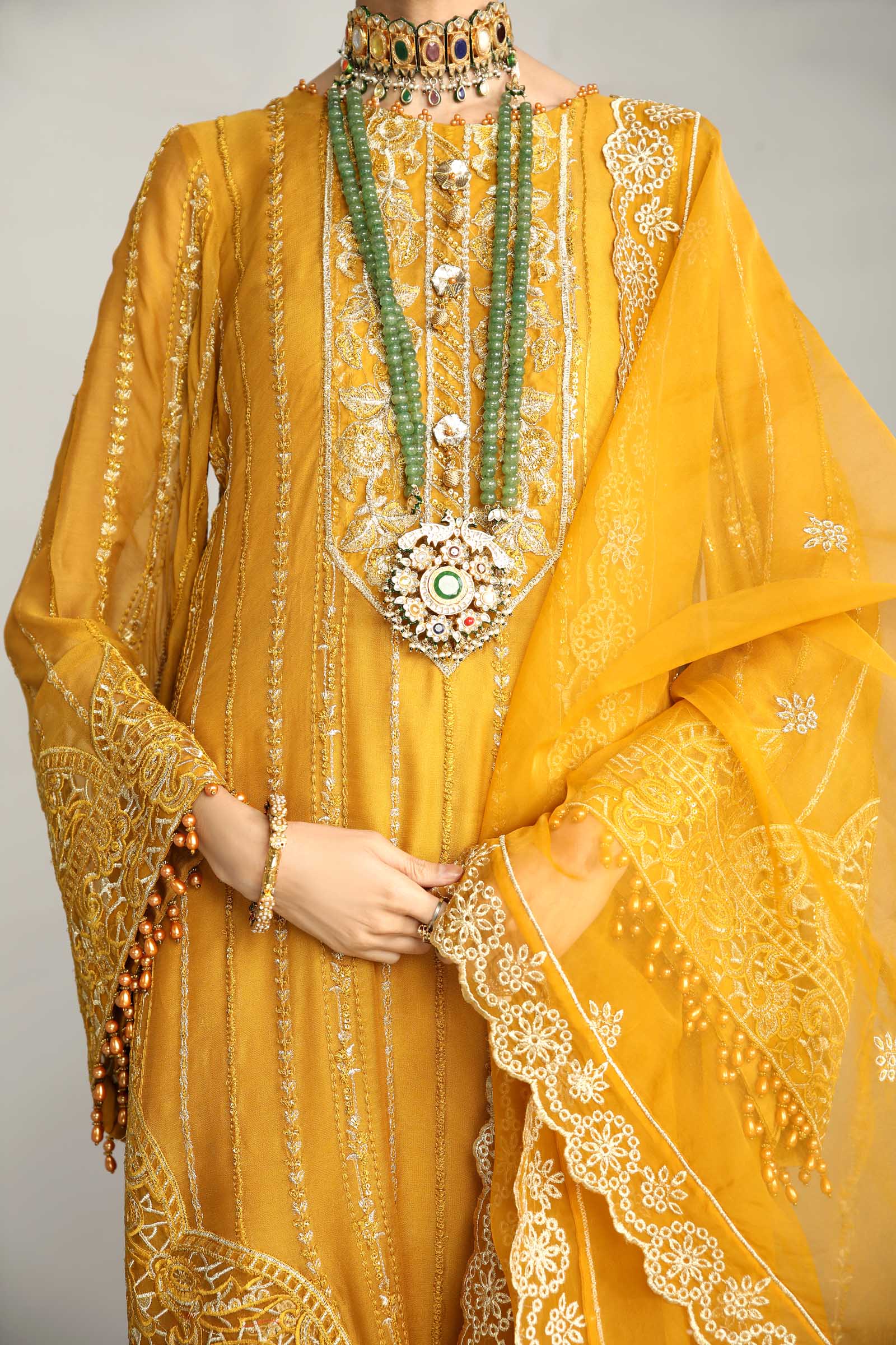 Mustard Embroidered Chiffon 3 Piece Suit | Maan Mayal | Falak