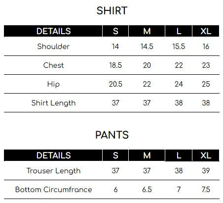 Size chart for Black Lace Detailed 2 Piece Suit | Izel | Fleur Noir