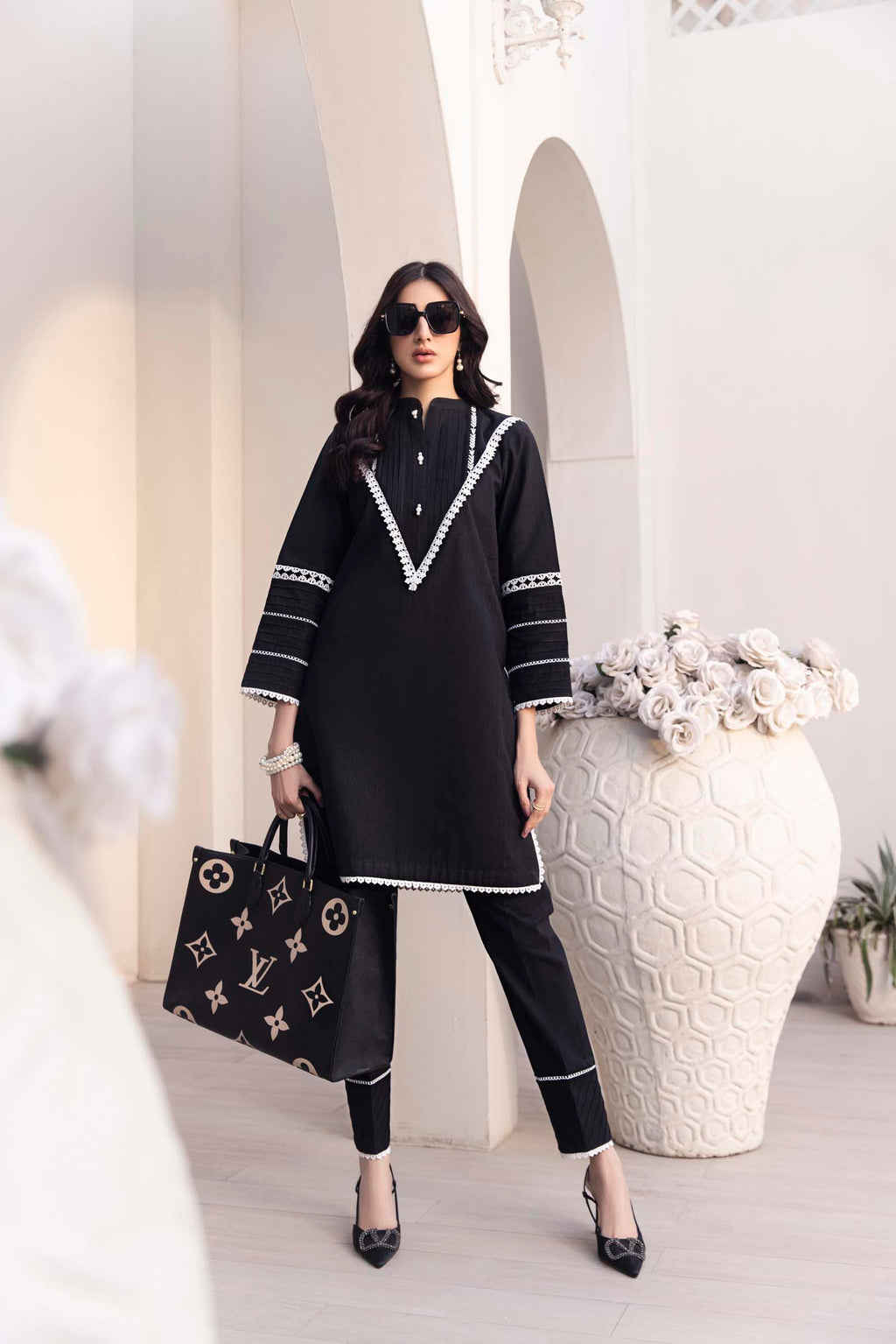 Black Lace Detailed 2 Piece Suit | Izel | Fleur Noir