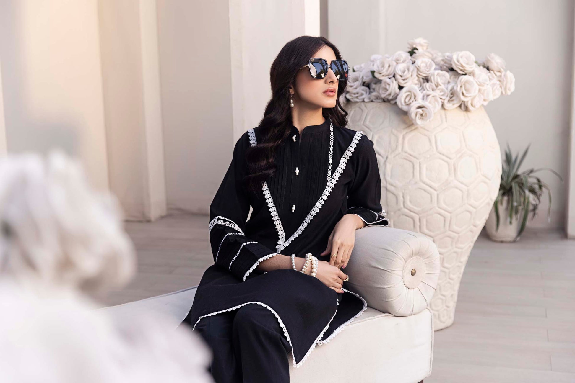 Black Lace Detailed 2 Piece Suit | Izel | Fleur Noir