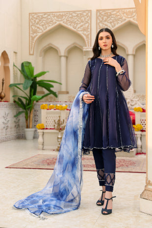 Navy Mirror Work Lace Formal 3 Piece Suit | Mumtaz | Jahanara