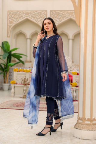 Navy Mirror Work Lace Formal 3 Piece Suit | Mumtaz | Jahanara