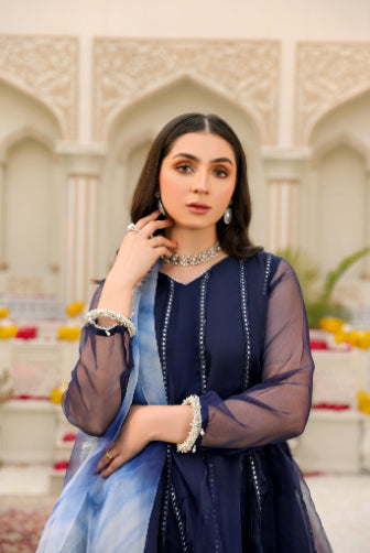 Navy Mirror Work Lace Formal 3 Piece Suit | Mumtaz | Jahanara