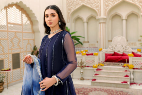 Navy Mirror Work Lace Formal 3 Piece Suit | Mumtaz | Jahanara