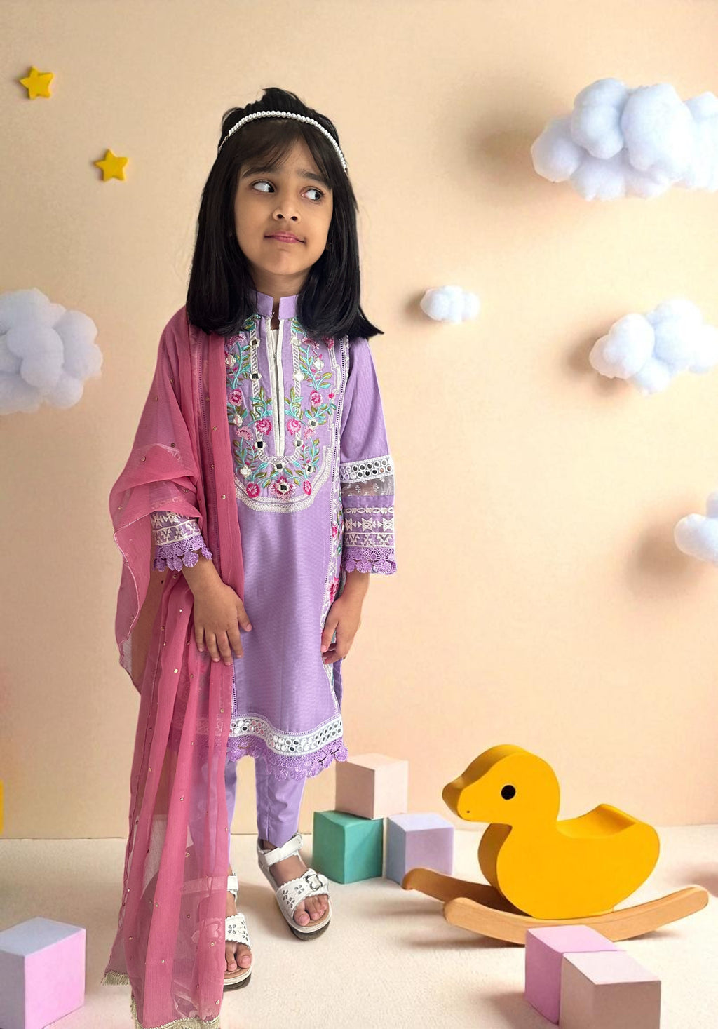 Embroidered Lilac 3 Piece Suit with Dupatta | Kids | KZ001