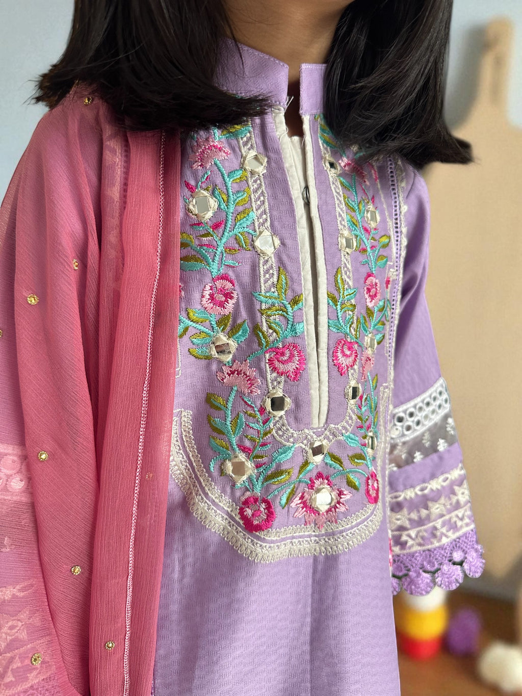 Embroidered Lilac 3 Piece Suit with Dupatta | Kids | KZ001