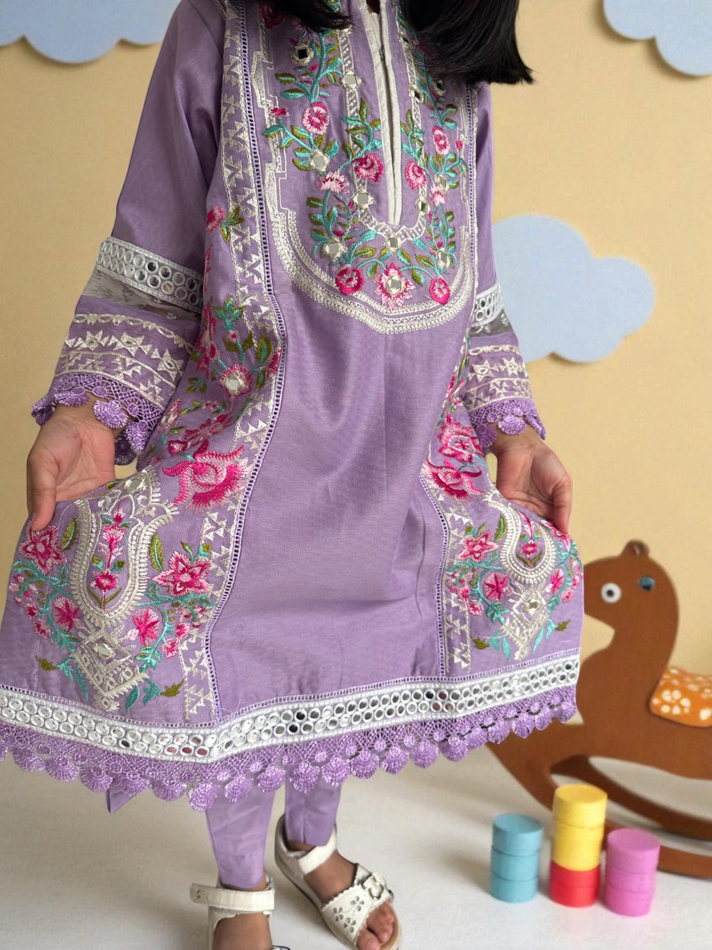 Embroidered Lilac 3 Piece Suit with Dupatta | Kids | KZ001