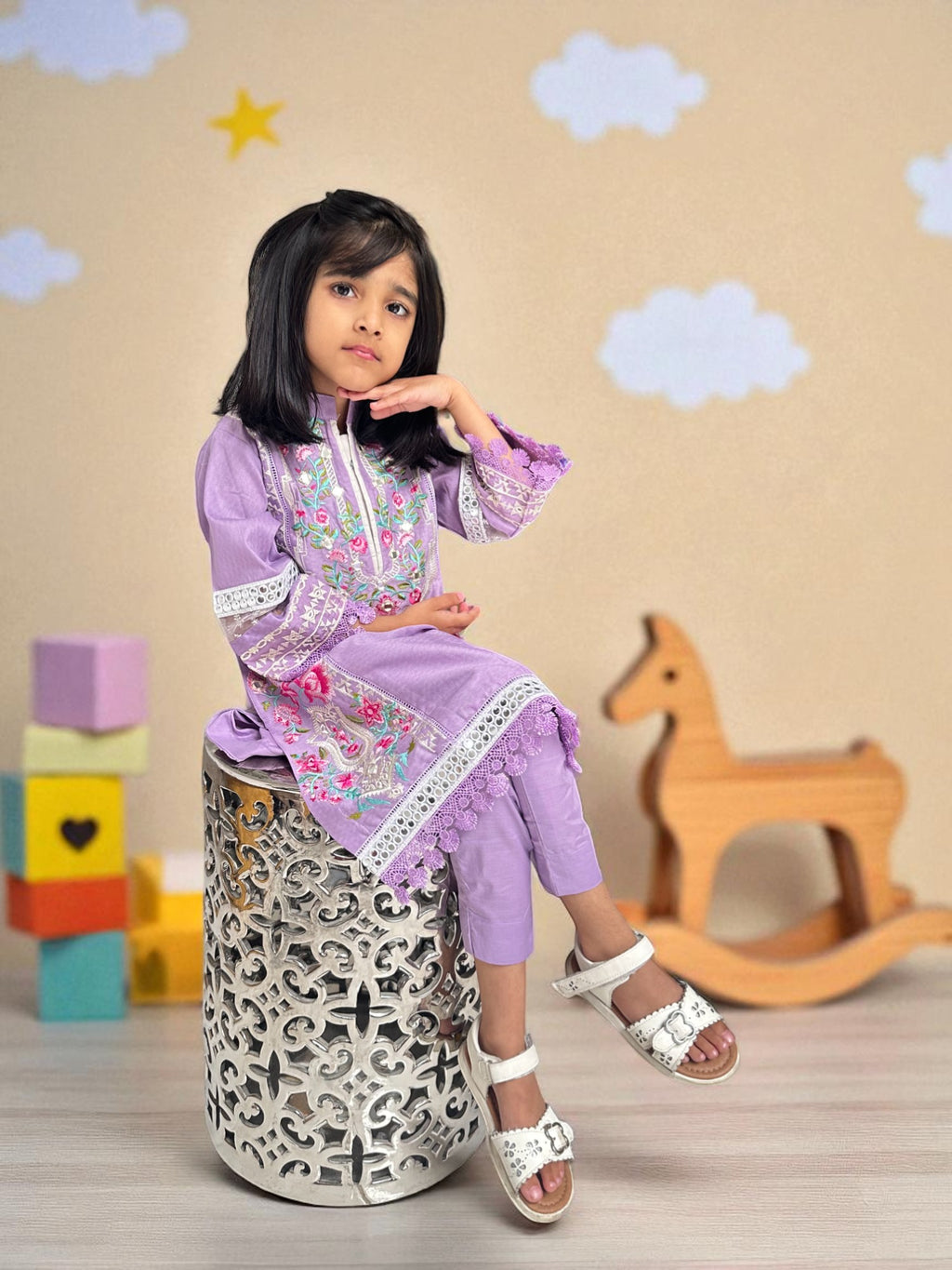 Embroidered Lilac 3 Piece Suit with Dupatta | Kids | KZ001