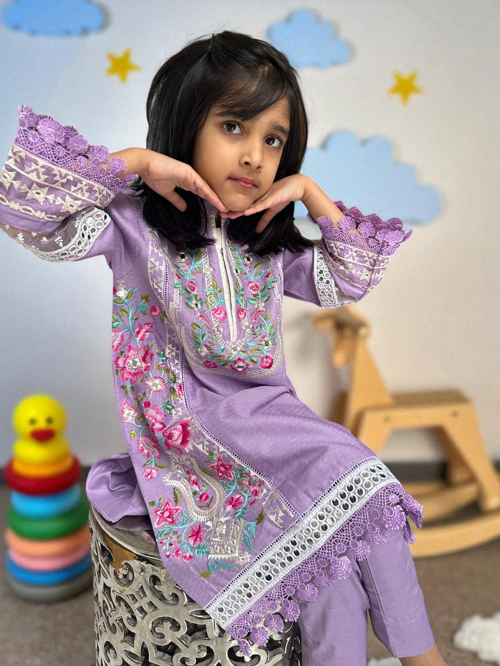 Embroidered Lilac 3 Piece Suit with Dupatta | Kids | KZ001