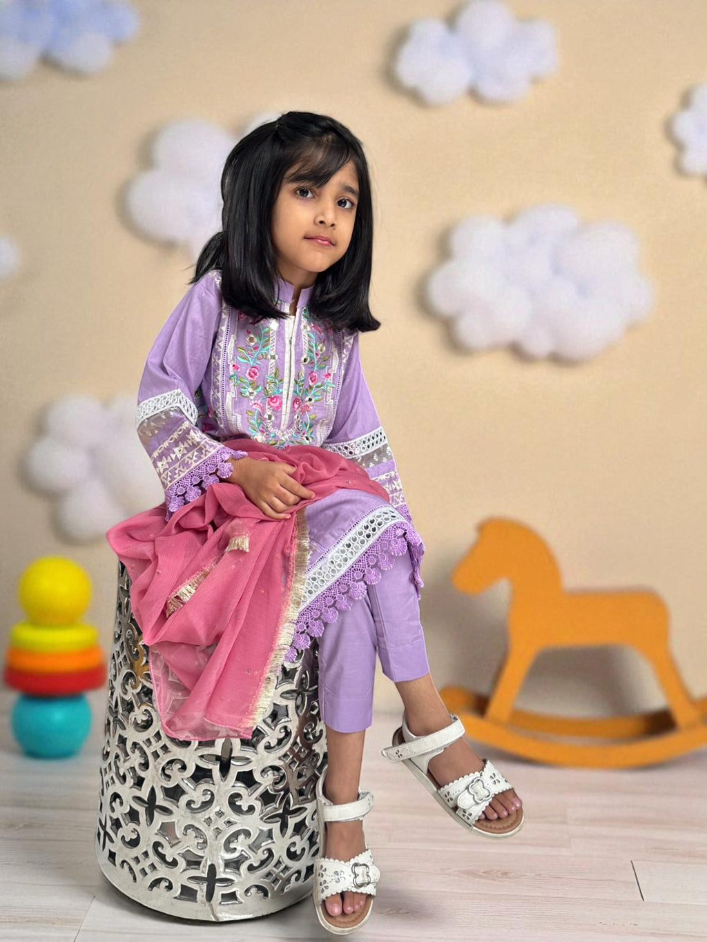 Embroidered Lilac 3 Piece Suit with Dupatta | Kids | KZ001