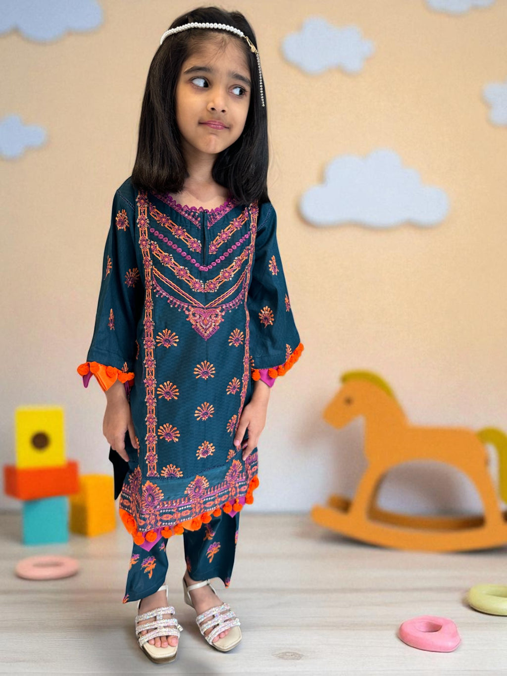 Embroidered Teal 3 Piece Suit with Dupatta | Kids | KZ002