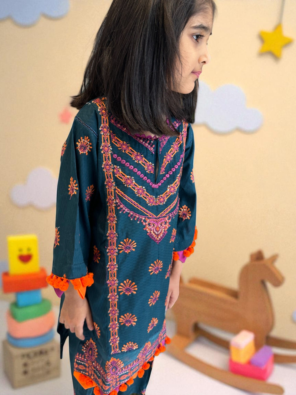 Embroidered Teal 3 Piece Suit with Dupatta | Kids | KZ002