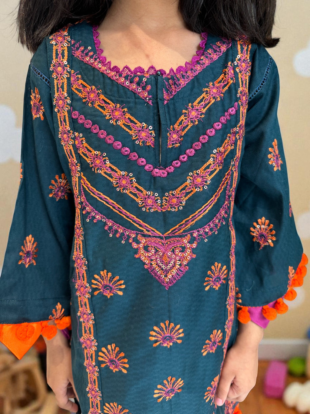 Embroidered Teal 3 Piece Suit with Dupatta | Kids | KZ002