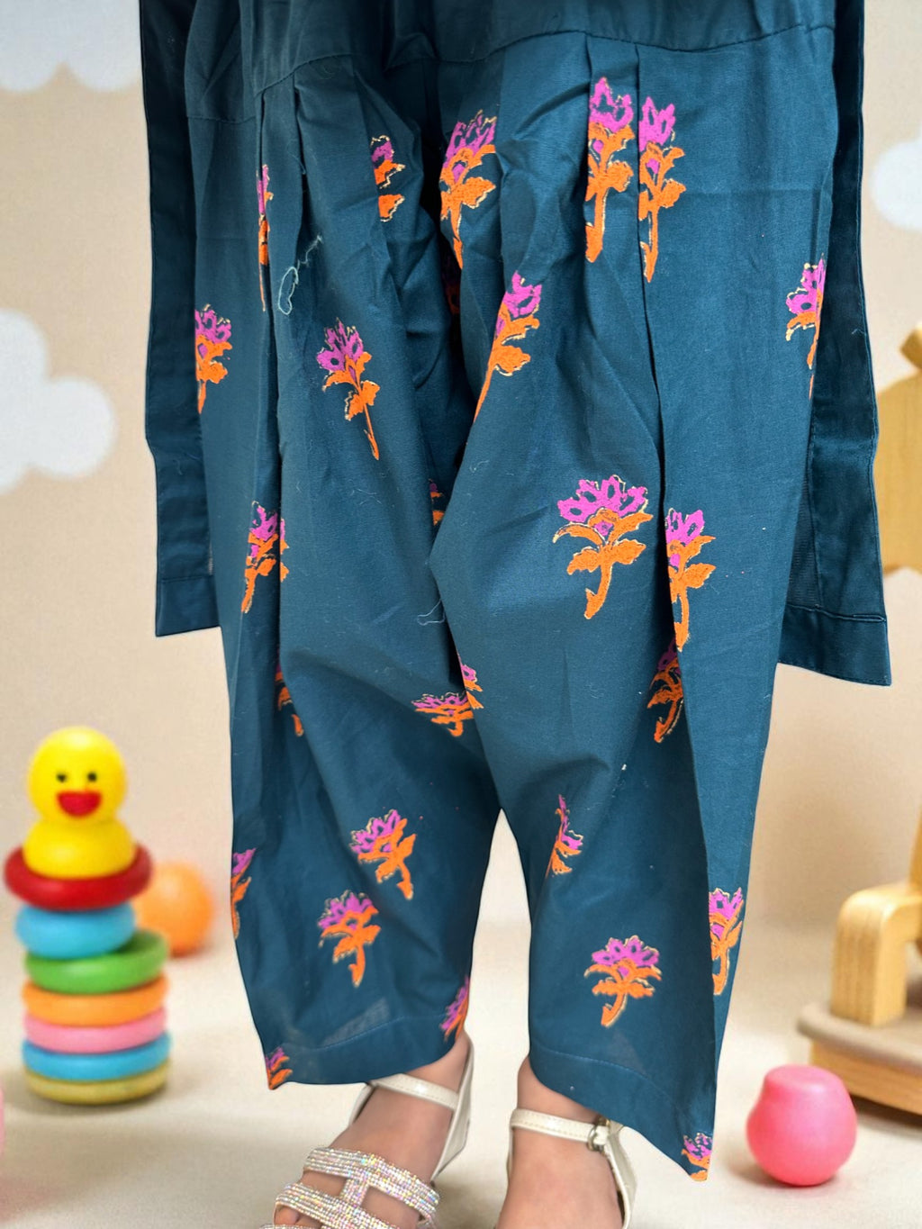 Embroidered Teal 3 Piece Suit with Dupatta | Kids | KZ002