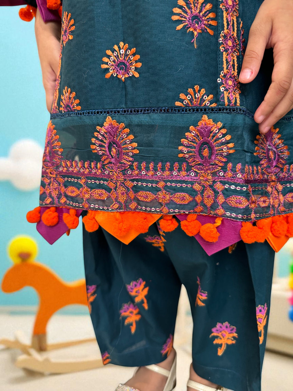 Embroidered Teal 3 Piece Suit with Dupatta | Kids | KZ002