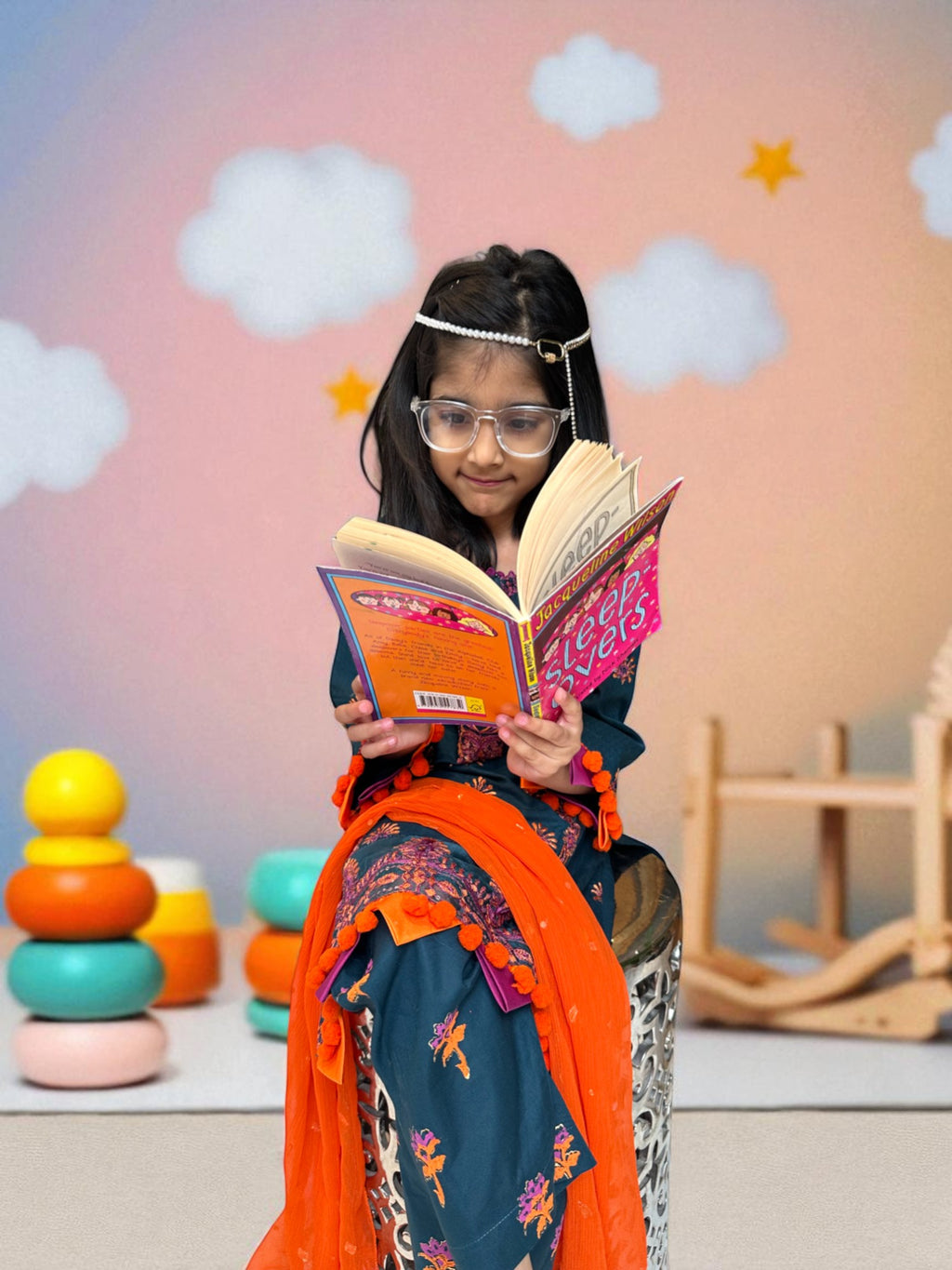 Embroidered Teal 3 Piece Suit with Dupatta | Kids | KZ002