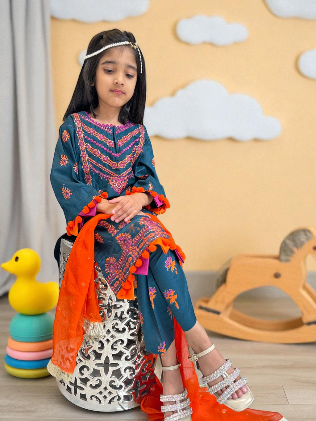 Embroidered Teal 3 Piece Suit with Dupatta | Kids | KZ002