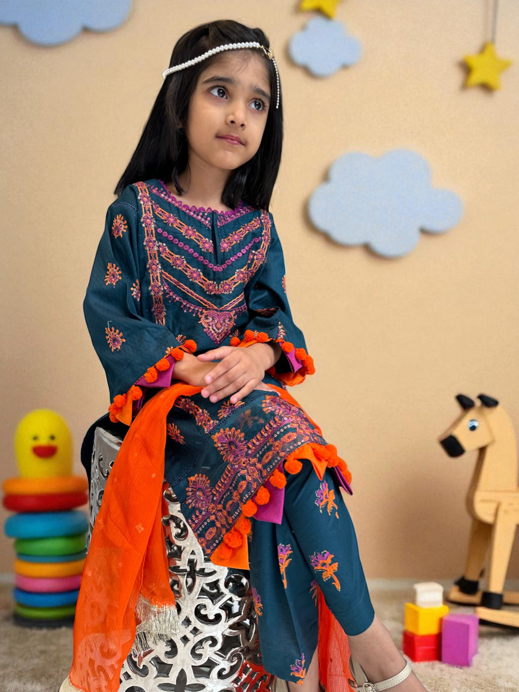 Embroidered Teal 3 Piece Suit with Dupatta | Kids | KZ002