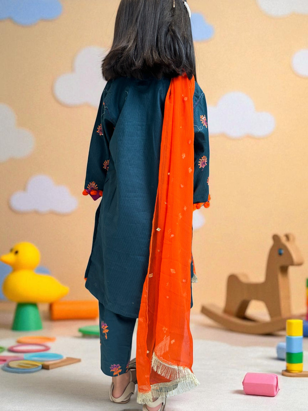 Embroidered Teal 3 Piece Suit with Dupatta | Kids | KZ002