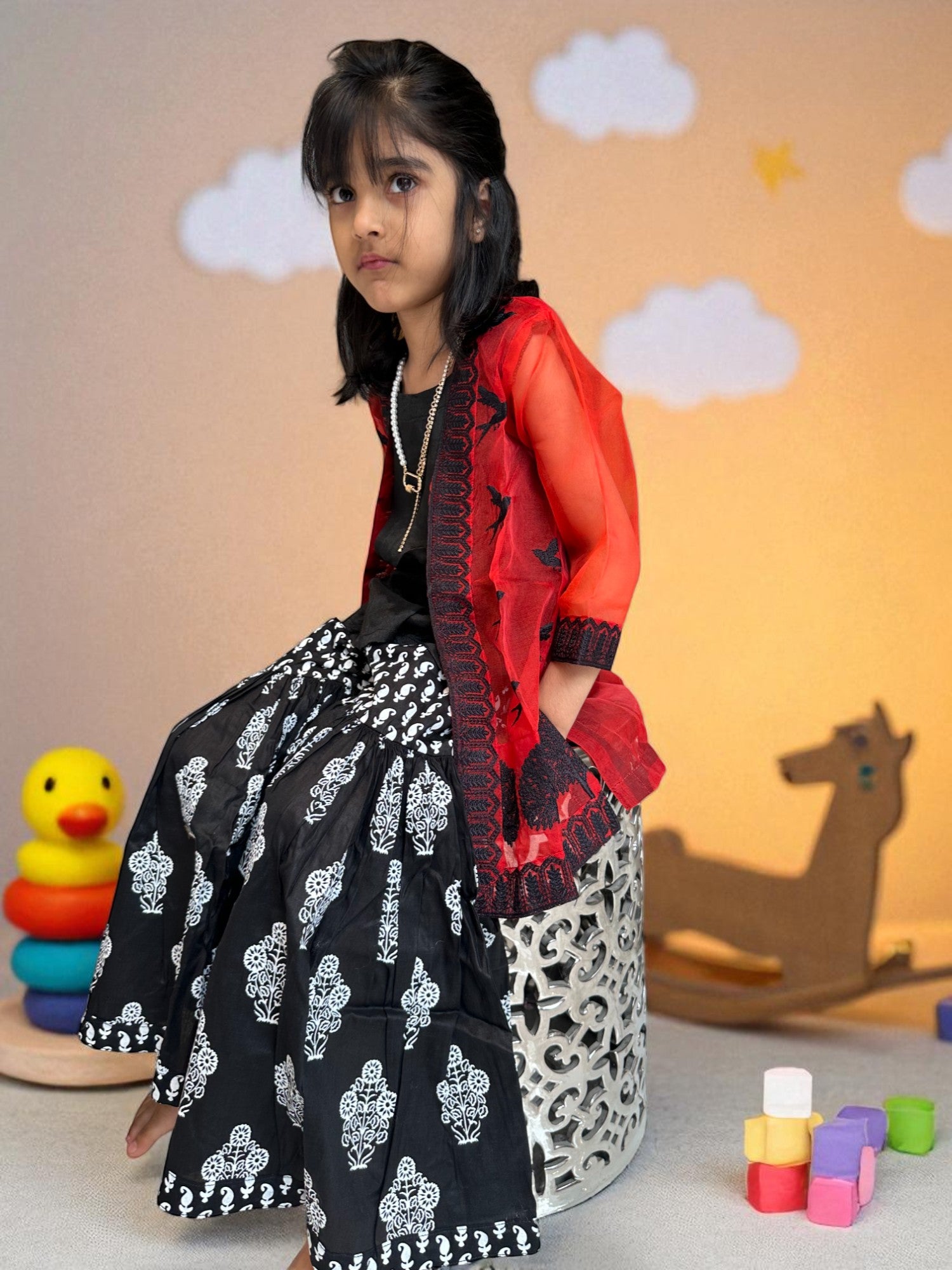 Black & Red Jacket Style 3 Piece Set with Block Print | Kids | KZ003