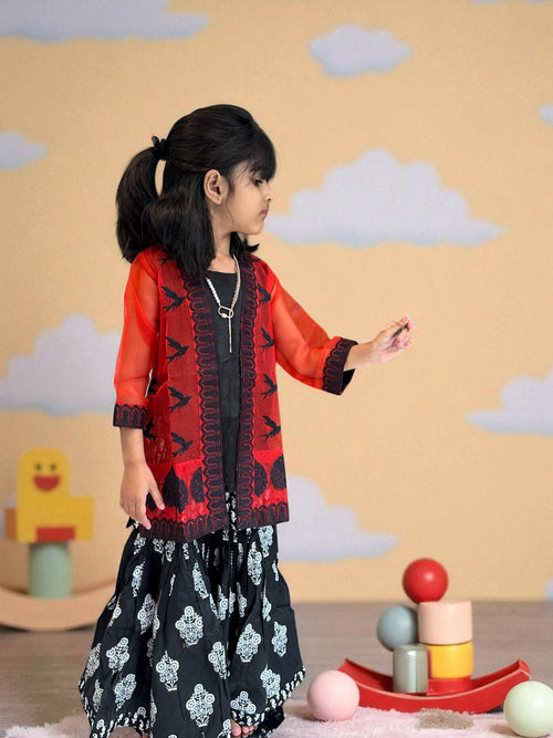 Black & Red Jacket Style 3 Piece Set with Block Print | Kids | KZ003