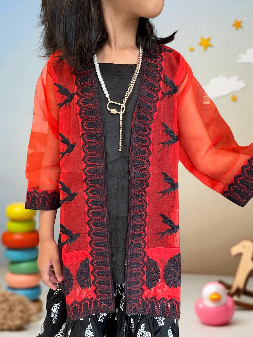 Black & Red Jacket Style 3 Piece Set with Block Print | Kids | KZ003