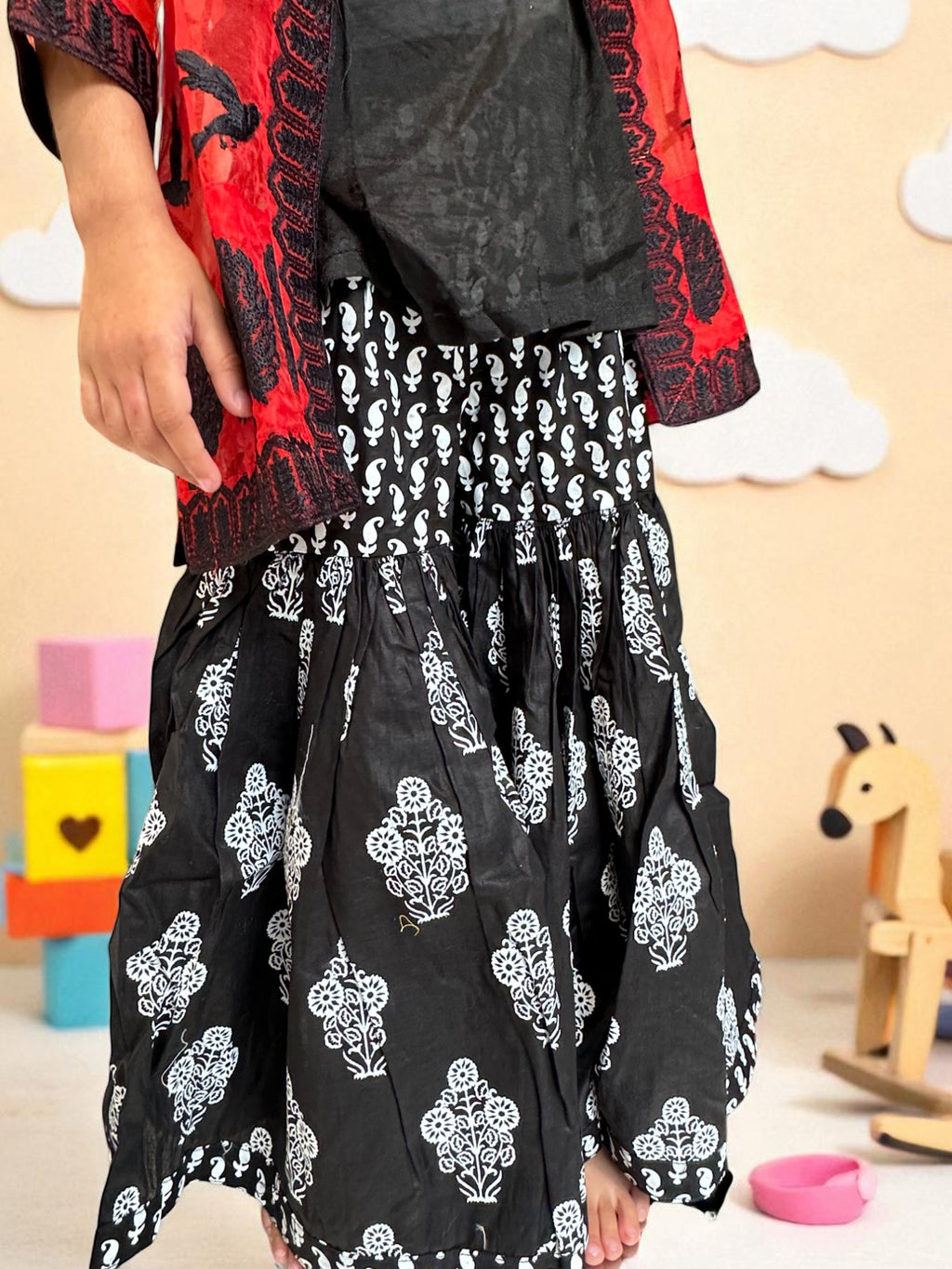 Black & Red Jacket Style 3 Piece Set with Block Print | Kids | KZ003