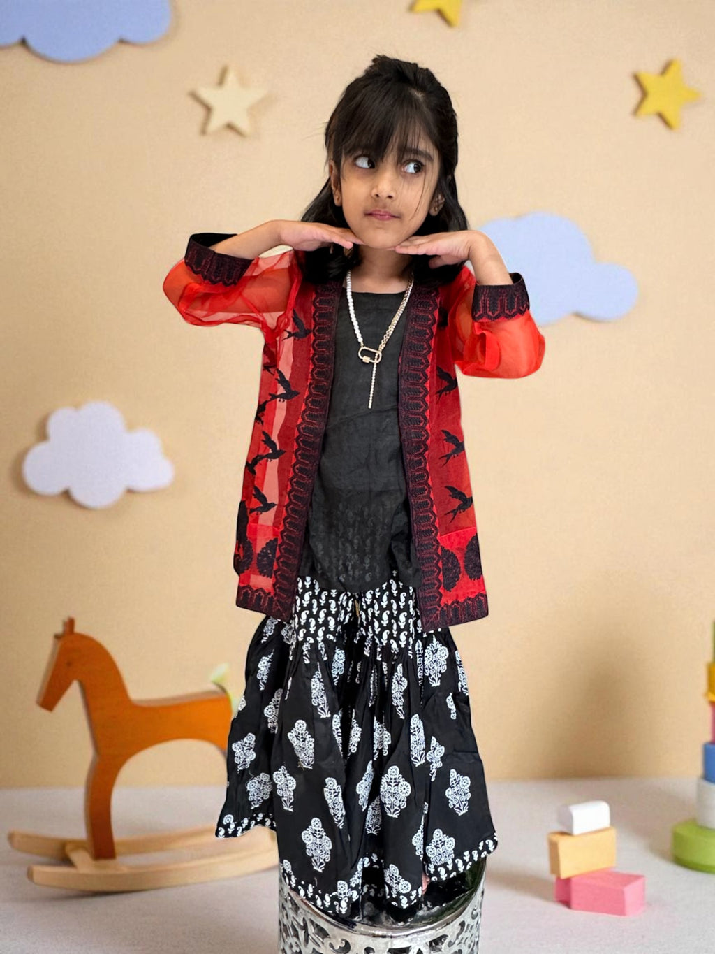 Black & Red Jacket Style 3 Piece Set with Block Print | Kids | KZ003