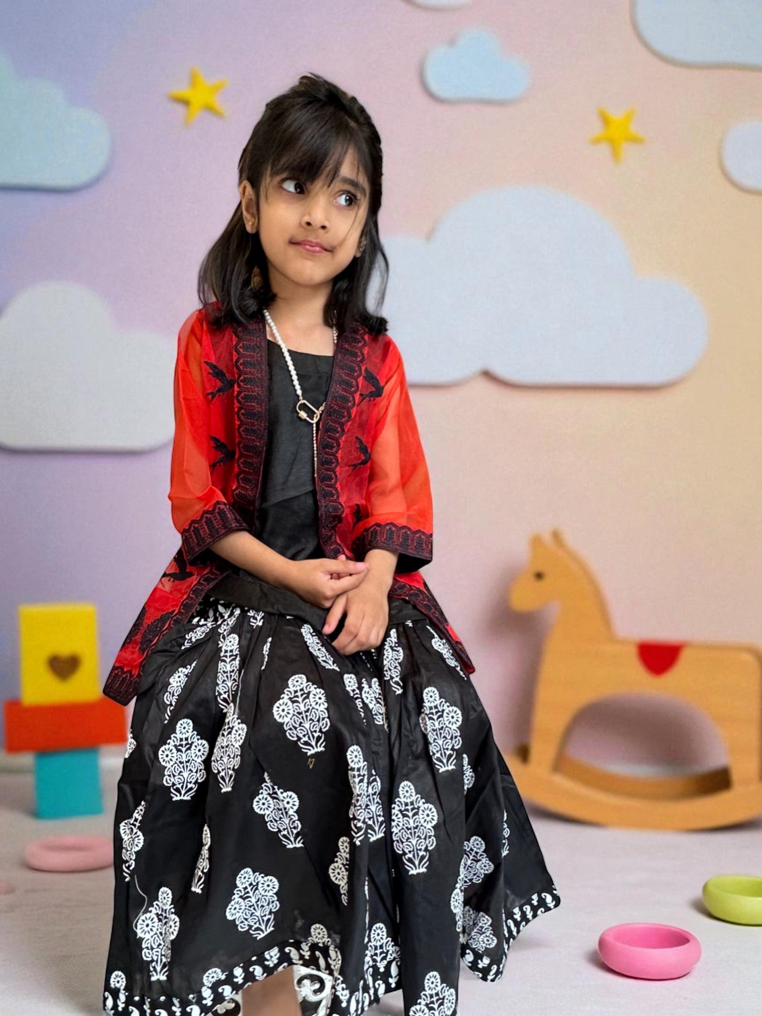 Black & Red Jacket Style 3 Piece Set with Block Print | Kids | KZ003