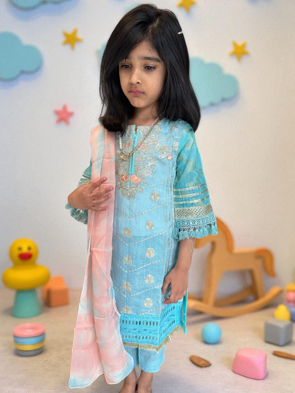 Sky Blue & Peach 3 Piece Suit with Gold Detailing | Kids | KZ004