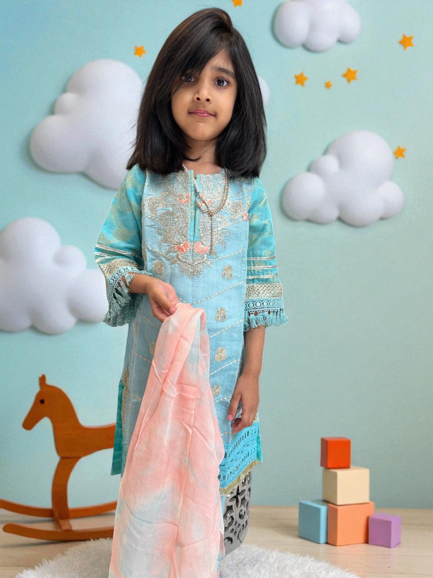 Sky Blue & Peach 3 Piece Suit with Gold Detailing | Kids | KZ004