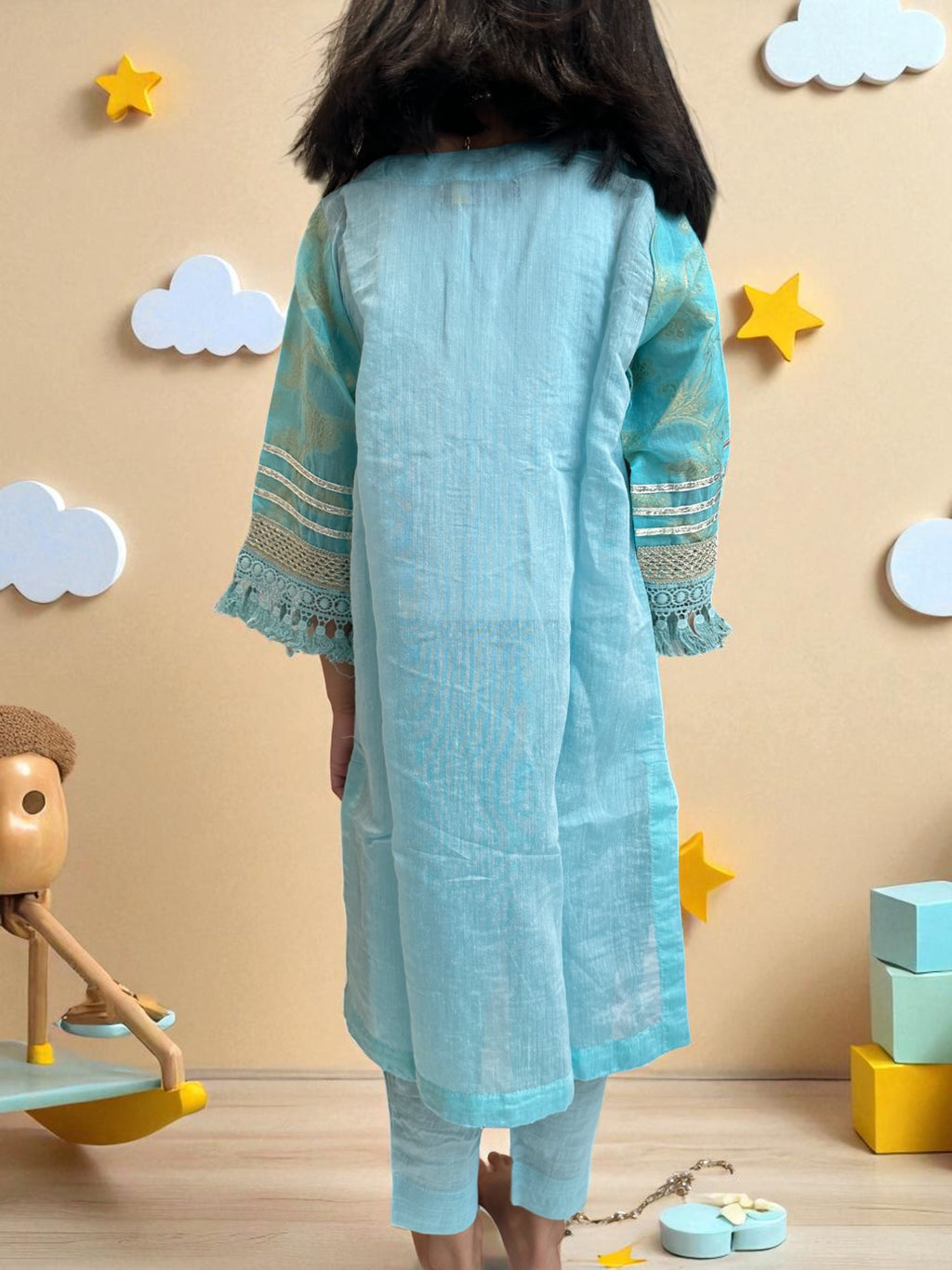 Sky Blue & Peach 3 Piece Suit with Gold Detailing | Kids | KZ004