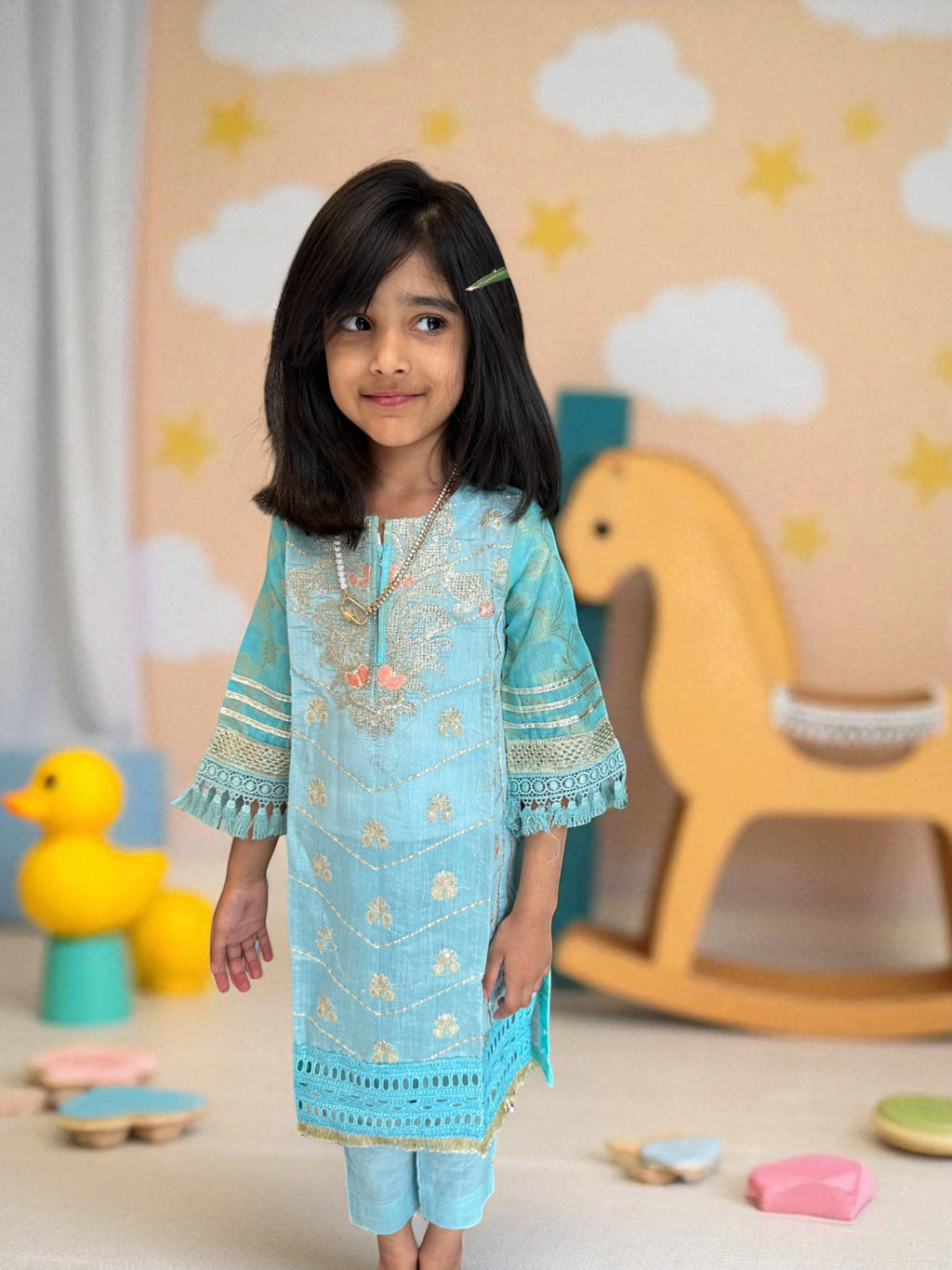 Sky Blue & Peach 3 Piece Suit with Gold Detailing | Kids | KZ004