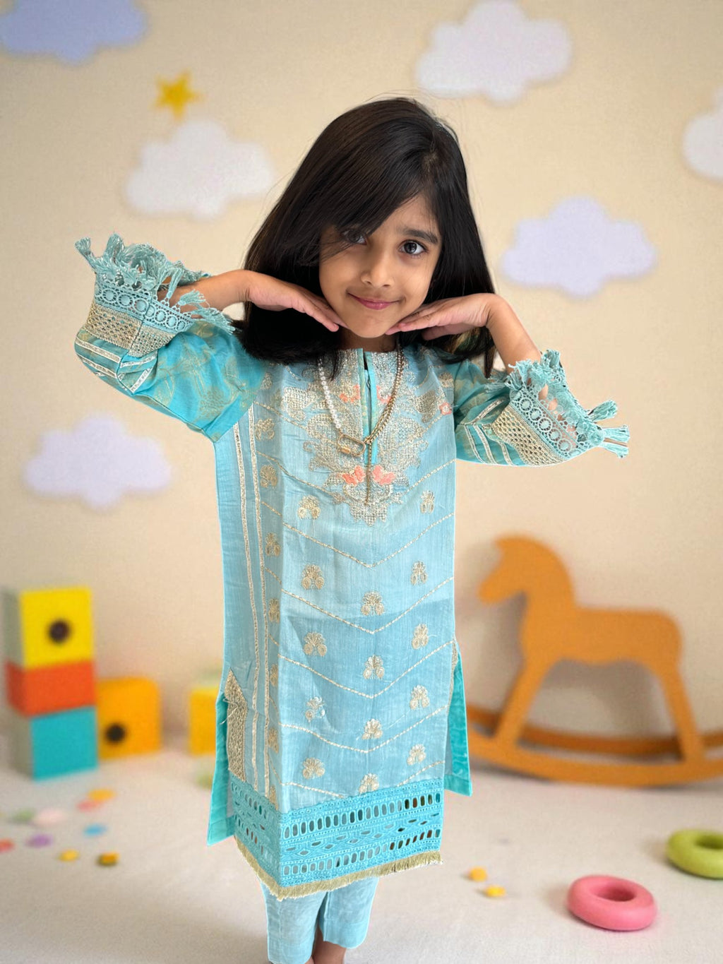 Sky Blue & Peach 3 Piece Suit with Gold Detailing | Kids | KZ004