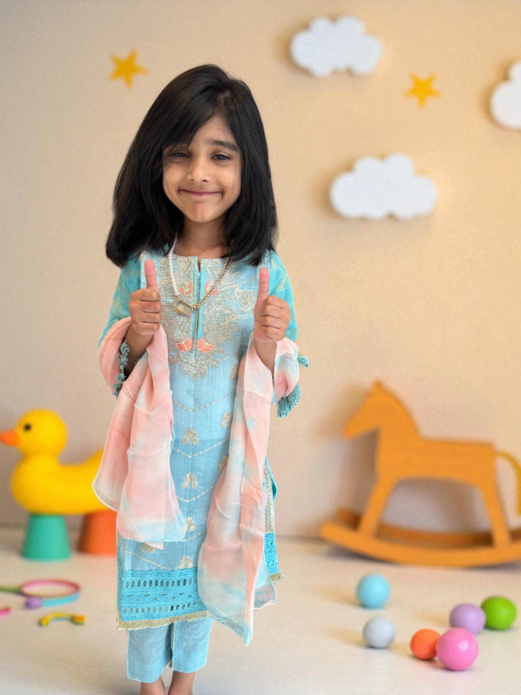 Sky Blue & Peach 3 Piece Suit with Gold Detailing | Kids | KZ004