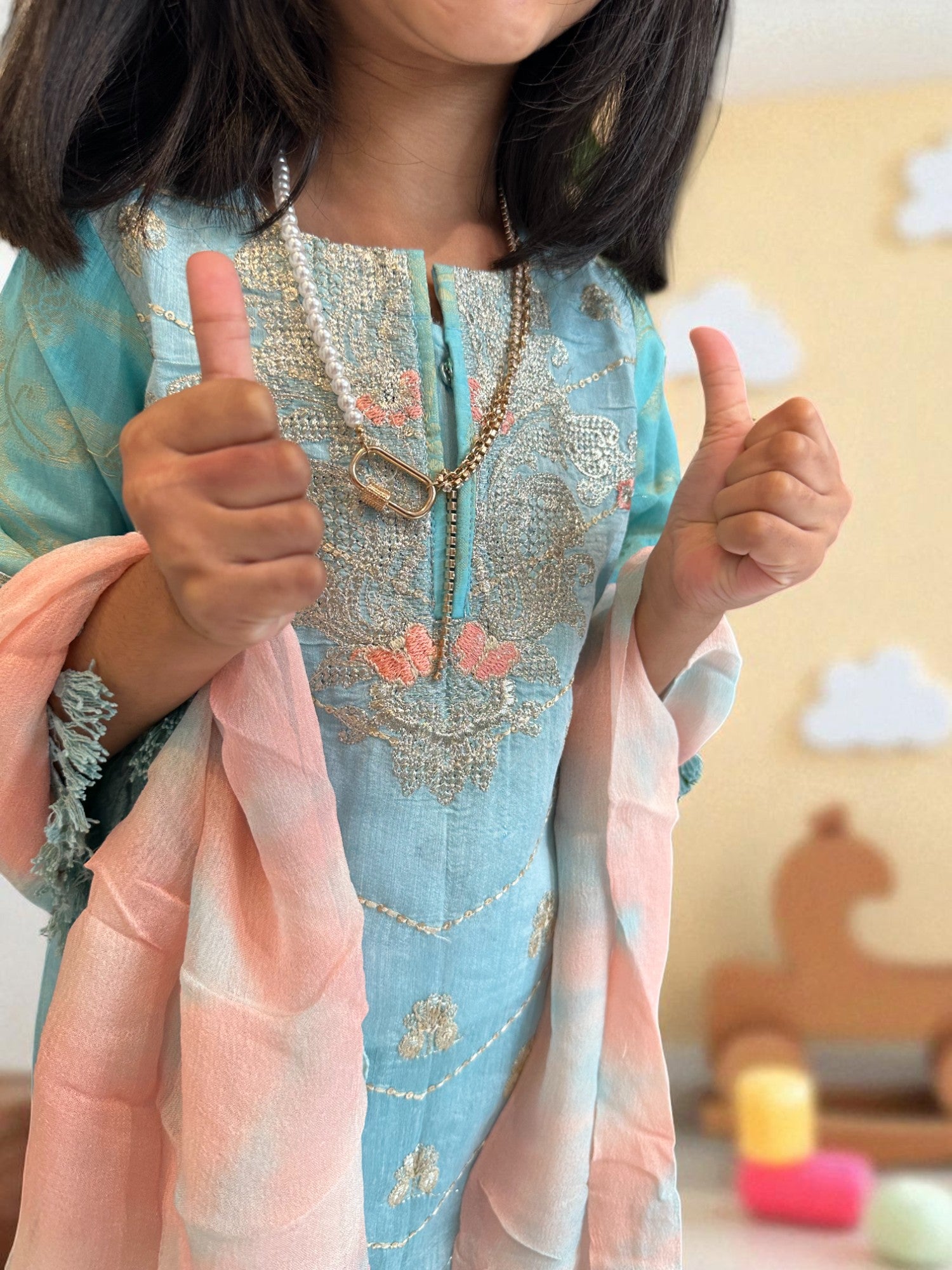 Sky Blue & Peach 3 Piece Suit with Gold Detailing | Kids | KZ004