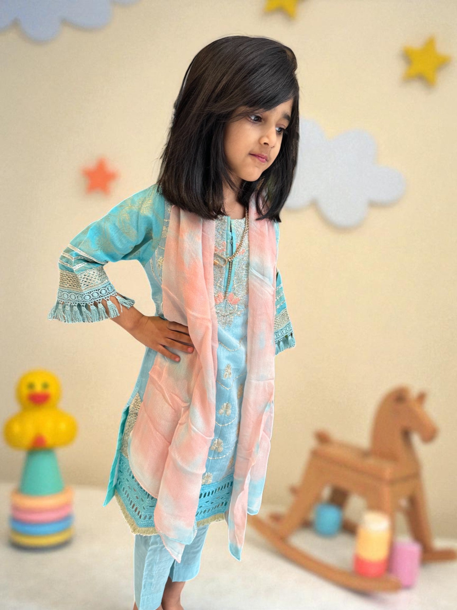 Sky Blue & Peach 3 Piece Suit with Gold Detailing | Kids | KZ004