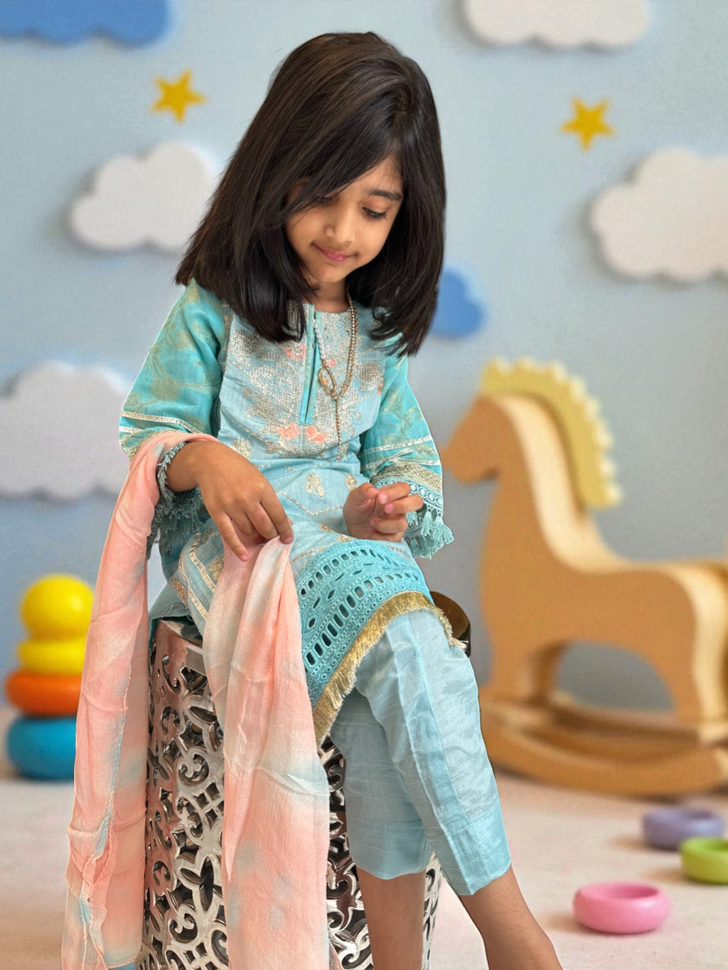 Sky Blue & Peach 3 Piece Suit with Gold Detailing | Kids | KZ004