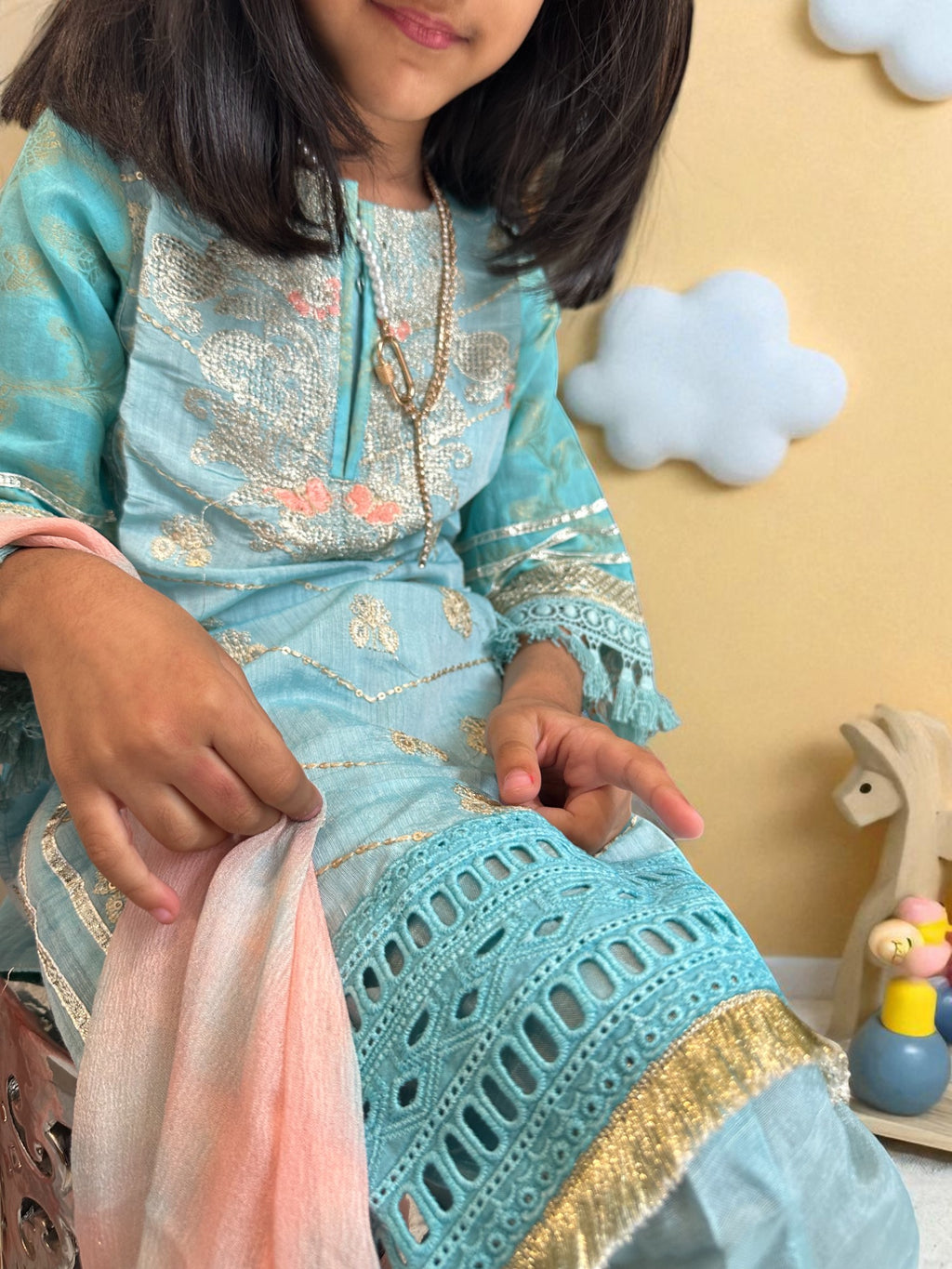 Sky Blue & Peach 3 Piece Suit with Gold Detailing | Kids | KZ004