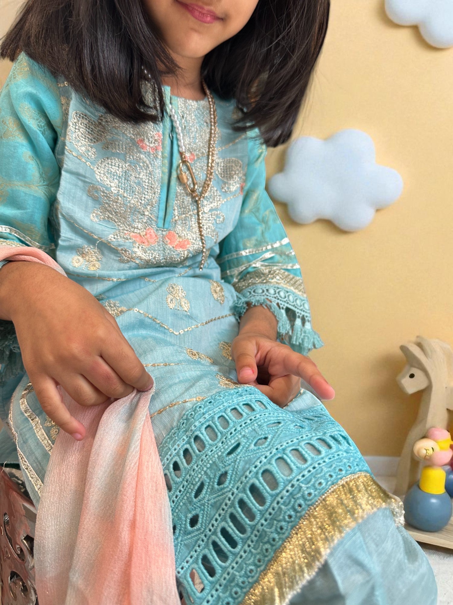 Sky Blue & Peach 3 Piece Suit with Gold Detailing | Kids | KZ004