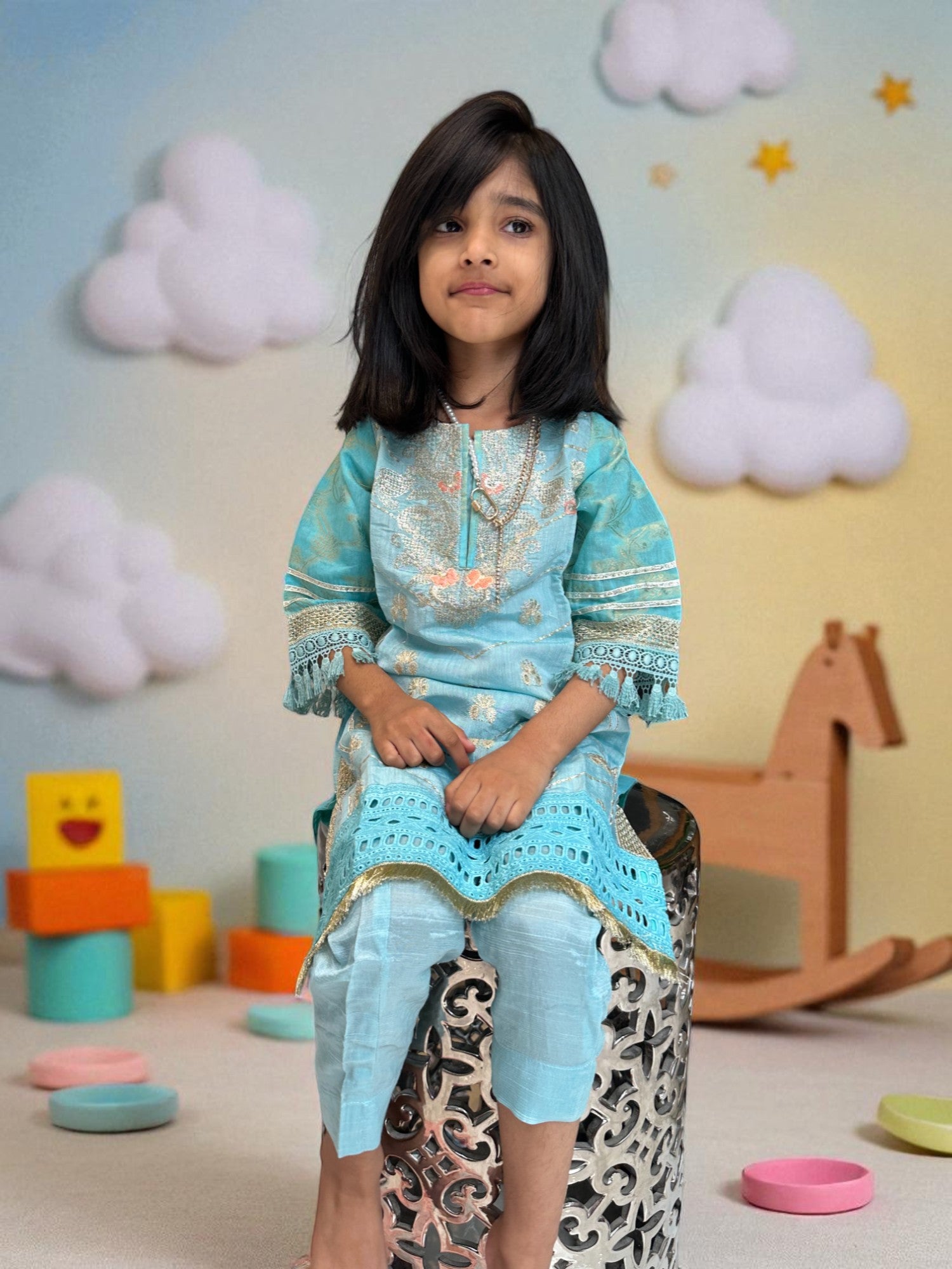 Sky Blue & Peach 3 Piece Suit with Gold Detailing | Kids | KZ004