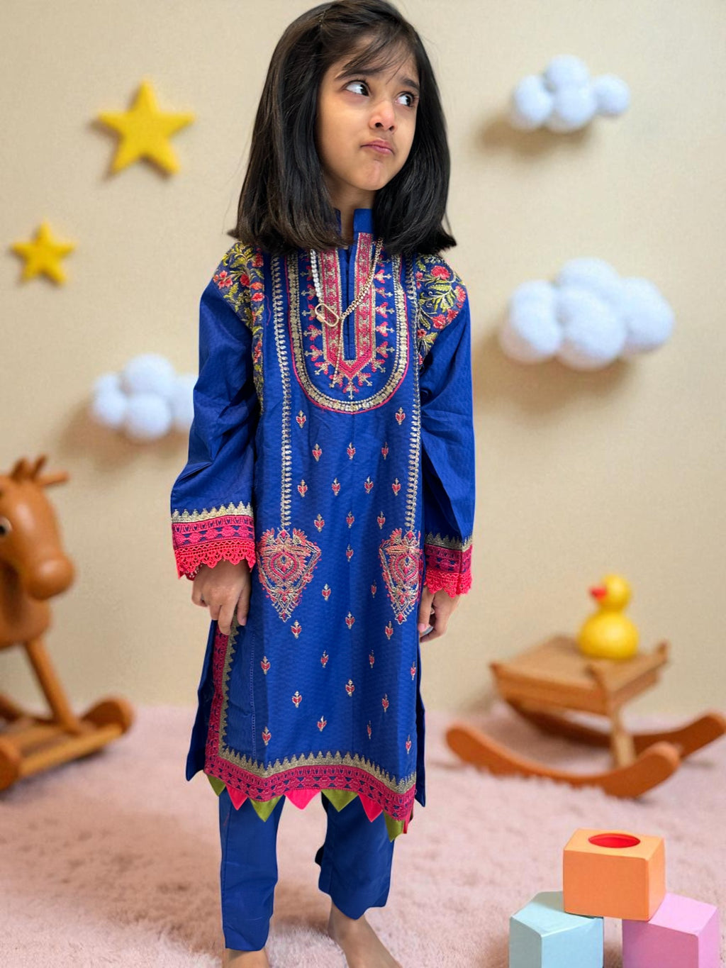 Royal Blue Embroidered 3 Piece Suit with Green Dupatta | Kids | KZ006