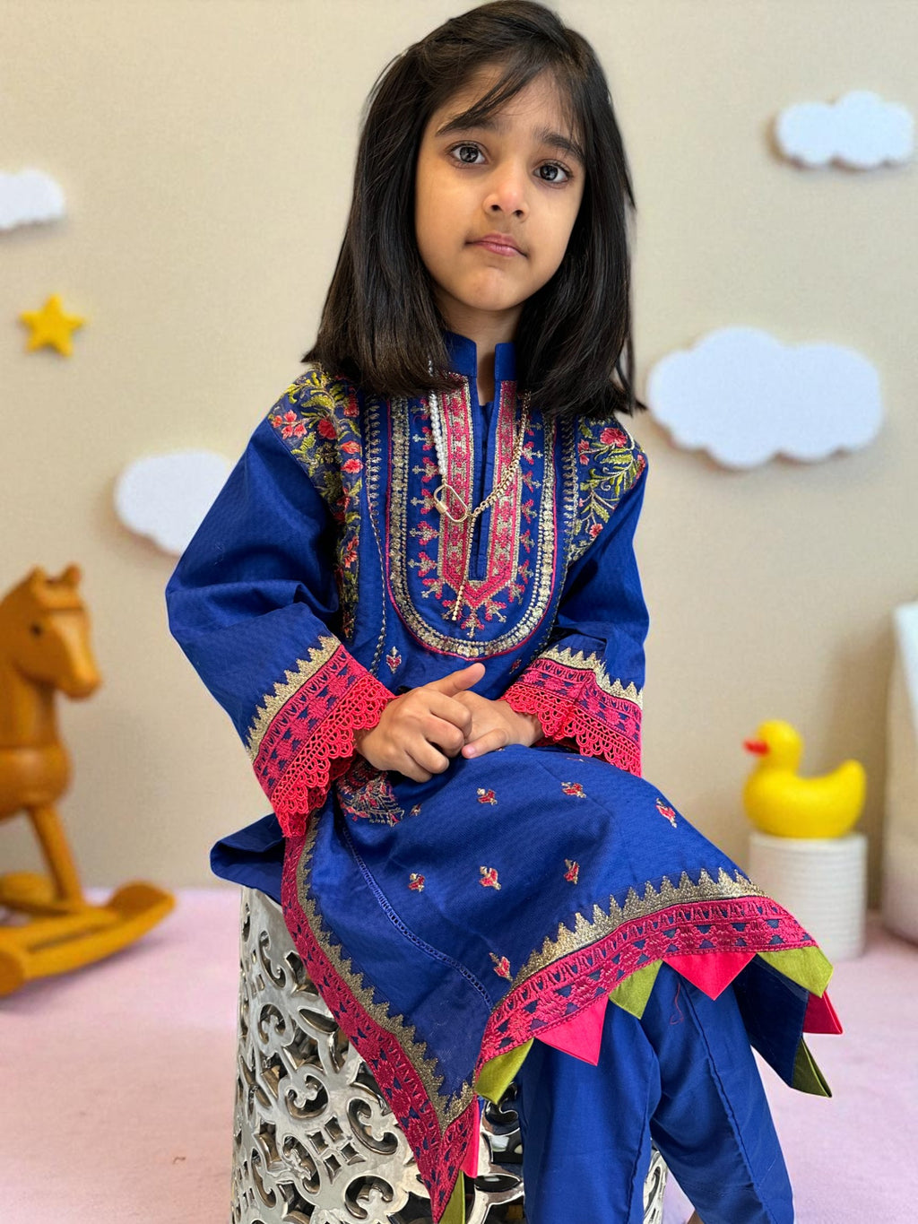 Royal Blue Embroidered 3 Piece Suit with Green Dupatta | Kids | KZ006
