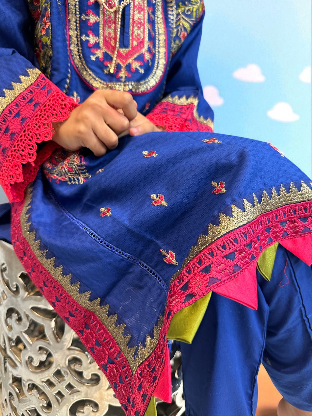 Royal Blue Embroidered 3 Piece Suit with Green Dupatta | Kids | KZ006
