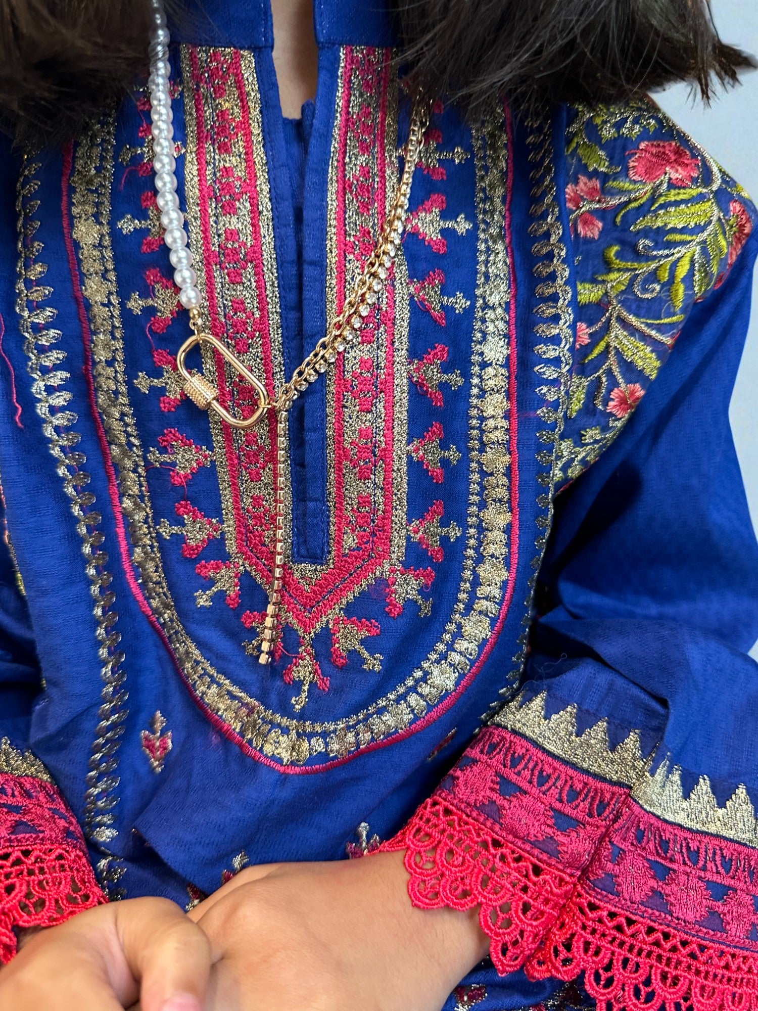 Royal Blue Embroidered 3 Piece Suit with Green Dupatta | Kids | KZ006