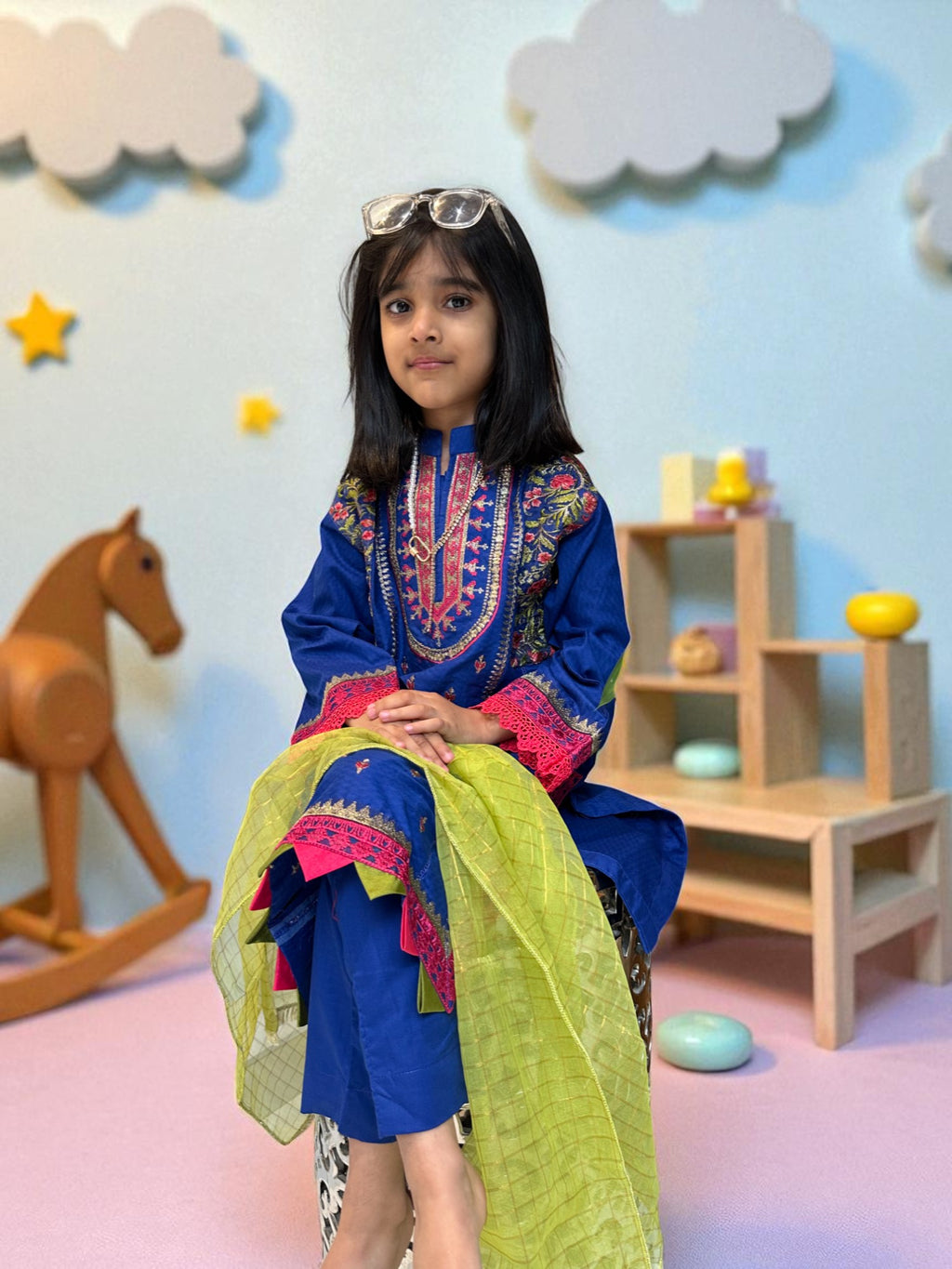 Royal Blue Embroidered 3 Piece Suit with Green Dupatta | Kids | KZ006